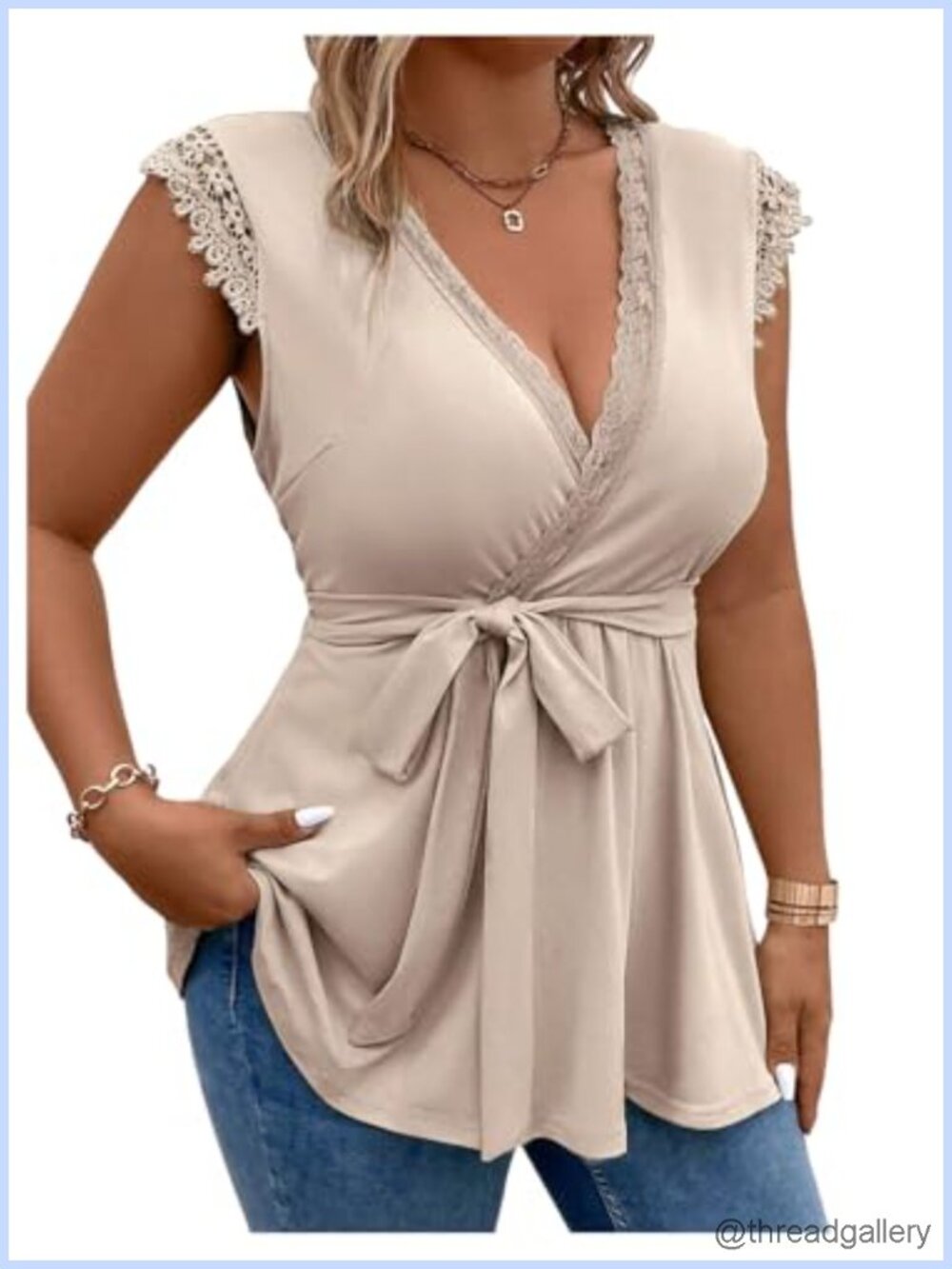 Plus Size Lace Trim Cap Sleeve Wrap V Neck Belted Peplum Top